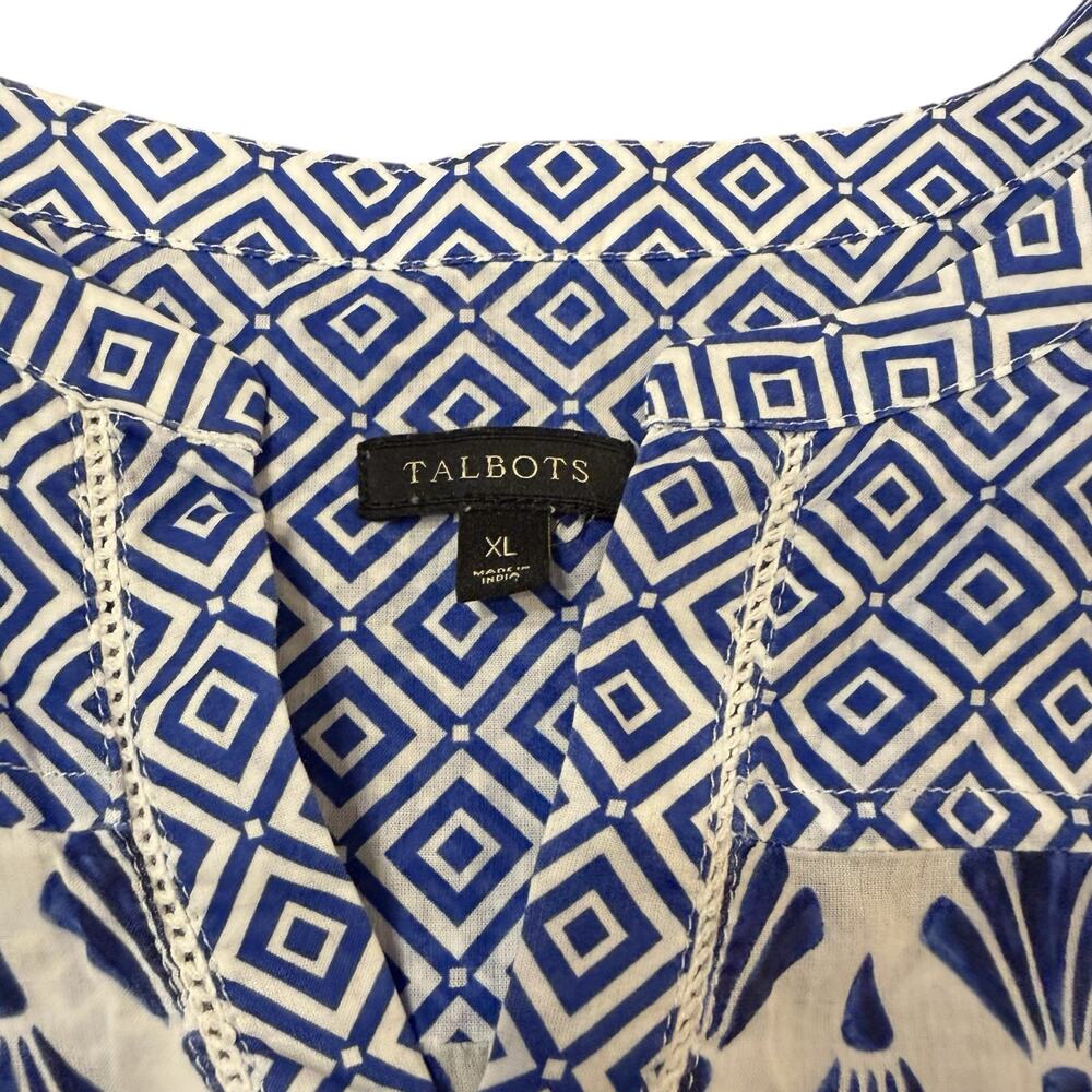 Talbots Coastal White and Blue Printed Split-Neck Blouse - Picture 5 of 8